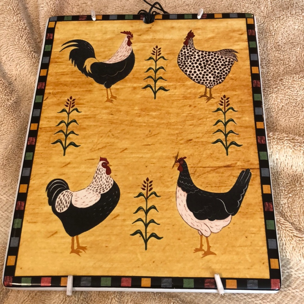 Warren Kimble Sakura - Country Quartet Trivet Tile - Kitchen Roosters 8.5 x 6.5”